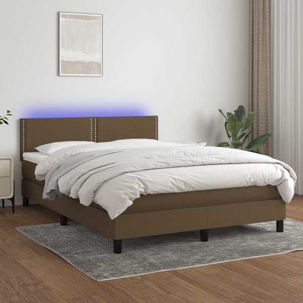 LED-valgustusega kontinentaalvoodi koos madratsiga, tumepruun, 140 × 190 cm, kangas — mudel 3133072