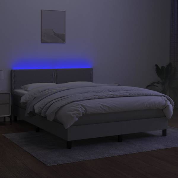 LED-valgustusega kontinentaalvoodi koos madratsiga, helehall, 140 × 200 cm, kangas — mudel 3133077