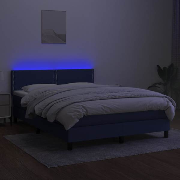 LED-valgustusega kontinentaalvoodi koos madratsiga, sinine, 140 × 200 cm, kangas — mudel 3133083