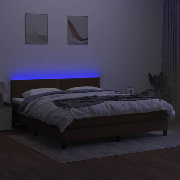 LED-valgustusega kontinentaalvoodi koos madratsiga, tumepruun, 180 × 200 cm, kangas — mudel 3133096