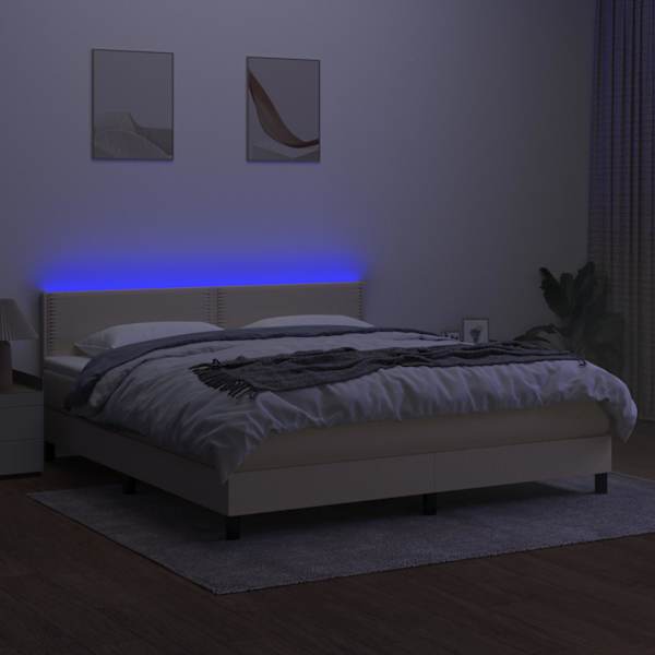 LED-valgustusega kontinentaalvoodi koos madratsiga, kreemjasvalge, 180 × 200 cm, kangas — mudel 3133098