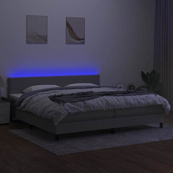 LED-valgustusega kontinentaalvoodi koos 2 madratsiga, helehall, 200 × 200 cm, kangas — mudel 3133101