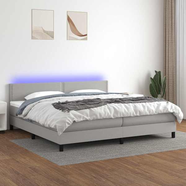 LED-valgustusega kontinentaalvoodi koos 2 madratsiga, helehall, 200 × 200 cm, kangas — mudel 3133101