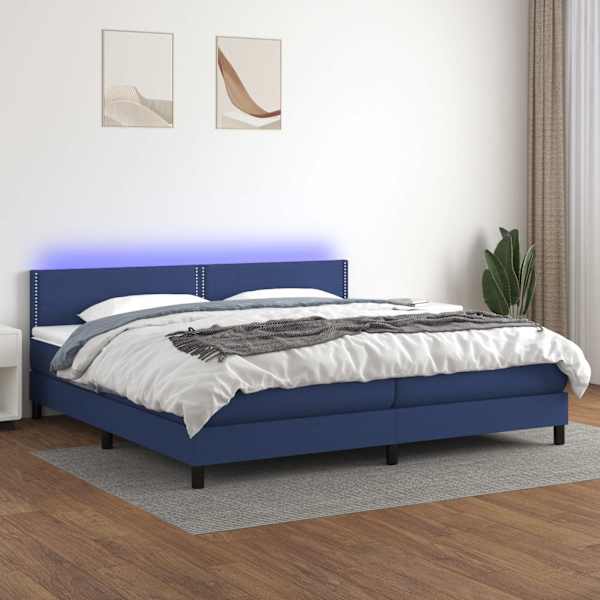 LED-valgustusega kontinentaalvoodi koos 2 madratsiga, sinine, 200 × 200 cm, kangas — mudel 3133107