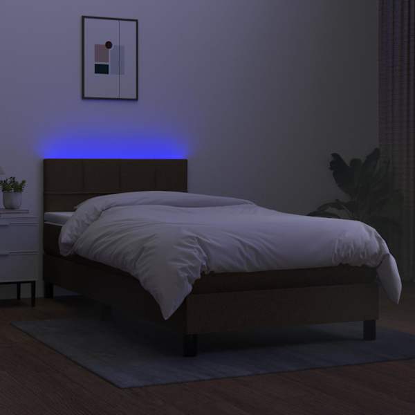 LED-valgustusega kontinentaalvoodi koos madratsiga, tumepruun, 90 × 200 cm, kangas — mudel 3133128