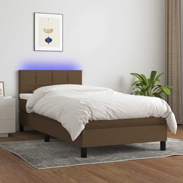 LED-valgustusega kontinentaalvoodi koos madratsiga, tumepruun, 90 × 200 cm, kangas — mudel 3133128
