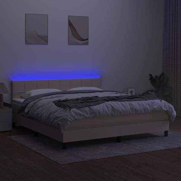 LED-valgustusega kontinentaalvoodi koos madratsiga, kreemjasvalge, 180 × 200 cm, kangas — mudel 3133178