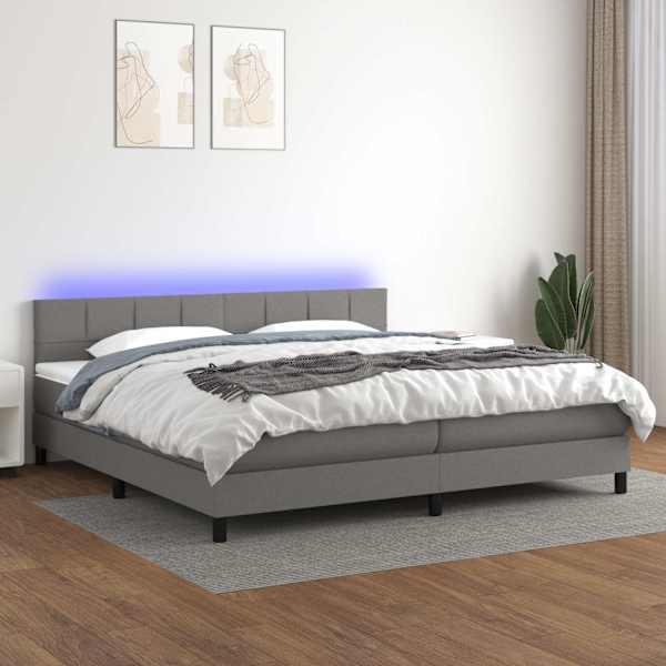 LED-valgustusega kontinentaalvoodi koos 2 madratsiga, tumehall, 200 × 200 cm, kangas — mudel 3133182