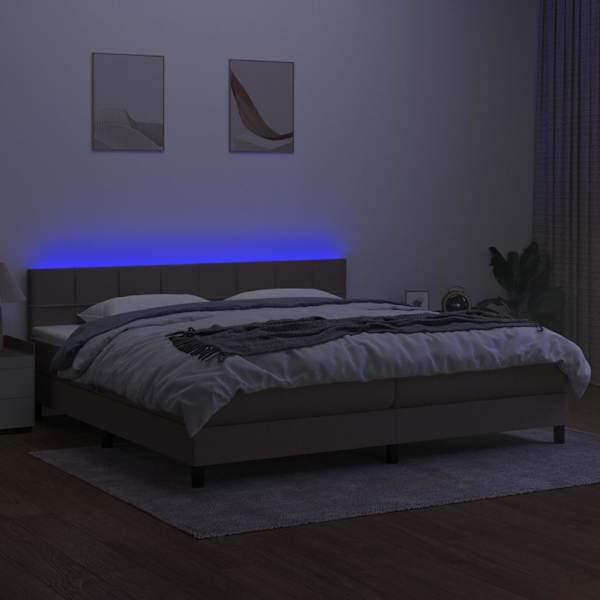 LED-valgustusega kontinentaalvoodi koos 2 madratsiga, pruunikashall, 200 × 200 cm, kangas — mudel 3133185