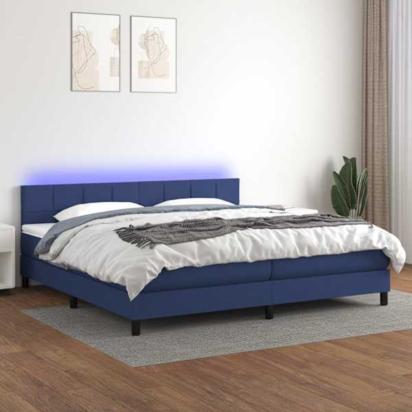 LED-valgustusega kontinentaalvoodi koos 2 madratsiga, sinine, 200 × 200 cm, kangas — mudel 3133187