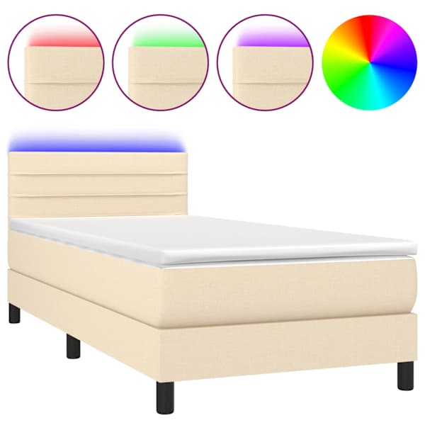 LED-valgustusega kontinentaalvoodi koos madratsiga, kreemjasvalge, 80 × 200 cm, kangas