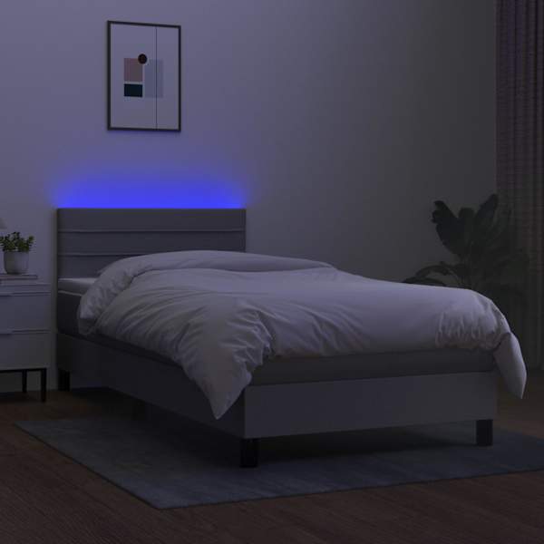 LED-valgustusega kontinentaalvoodi koos madratsiga, helehall, 90 × 200 cm, kangas — mudel 3133205