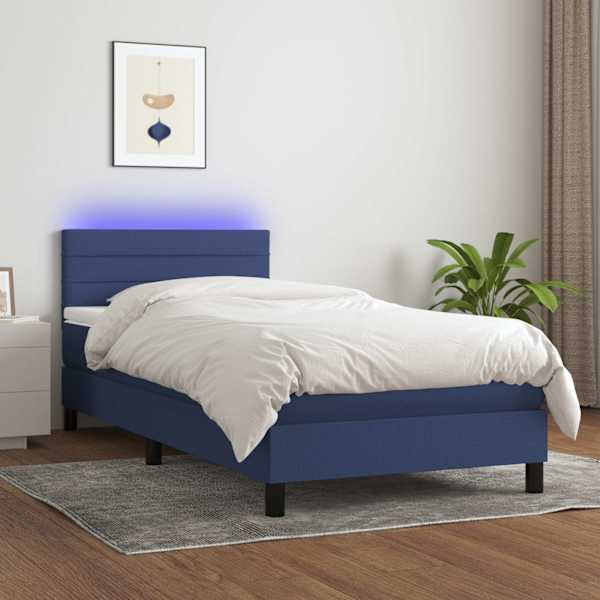 LED-valgustusega kontinentaalvoodi koos madratsiga, sinine, 90 × 200 cm, kangas — mudel 3133211