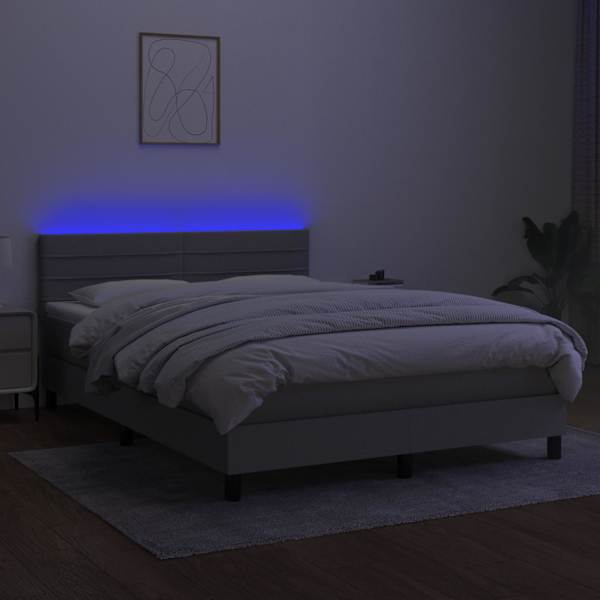 LED-valgustusega kontinentaalvoodi koos madratsiga, helehall, 140 × 200 cm, kangas — mudel 3133237