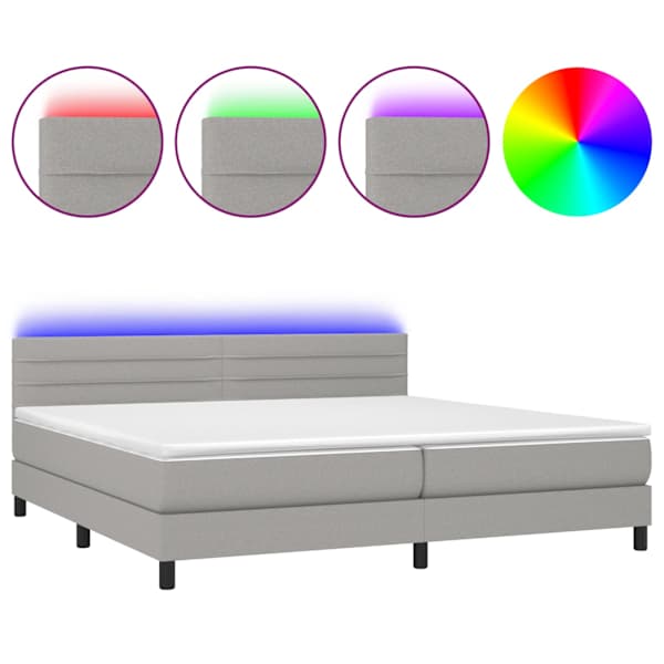 LED-valgustusega kontinentaalvoodi koos 2 madratsiga, helehall, 200 × 200 cm, kangas — mudel 3133261