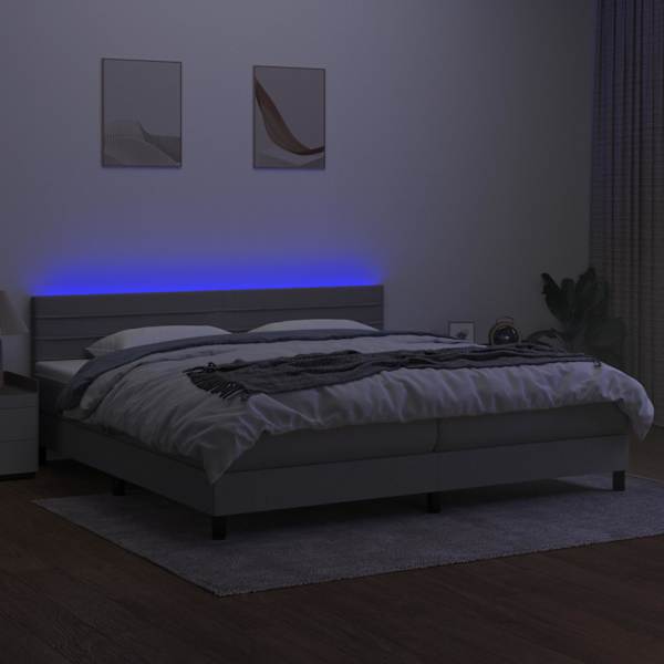 LED-valgustusega kontinentaalvoodi koos 2 madratsiga, helehall, 200 × 200 cm, kangas — mudel 3133261