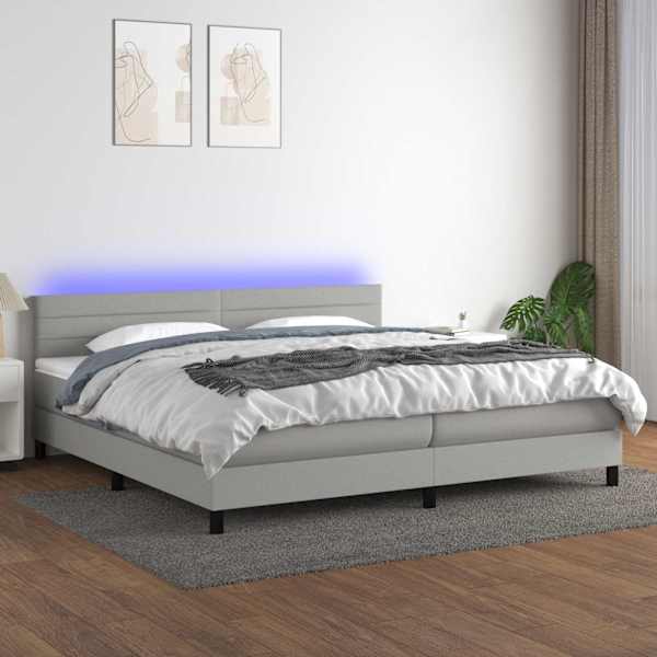 LED-valgustusega kontinentaalvoodi koos 2 madratsiga, helehall, 200 × 200 cm, kangas — mudel 3133261