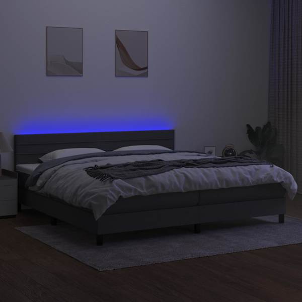 LED-valgustusega kontinentaalvoodi koos 2 madratsiga, tumehall, 200 × 200 cm, kangas — mudel 3133262