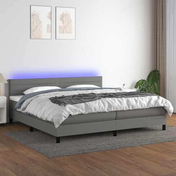 LED-valgustusega kontinentaalvoodi koos 2 madratsiga, tumehall, 200 × 200 cm, kangas — mudel 3133262