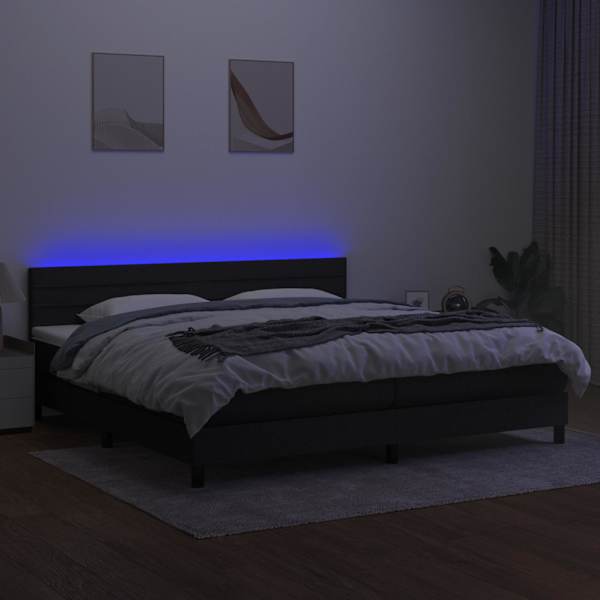 LED-valgustusega kontinentaalvoodi koos 2 madratsiga, must, 200 × 200 cm, kangas — mudel 3133263