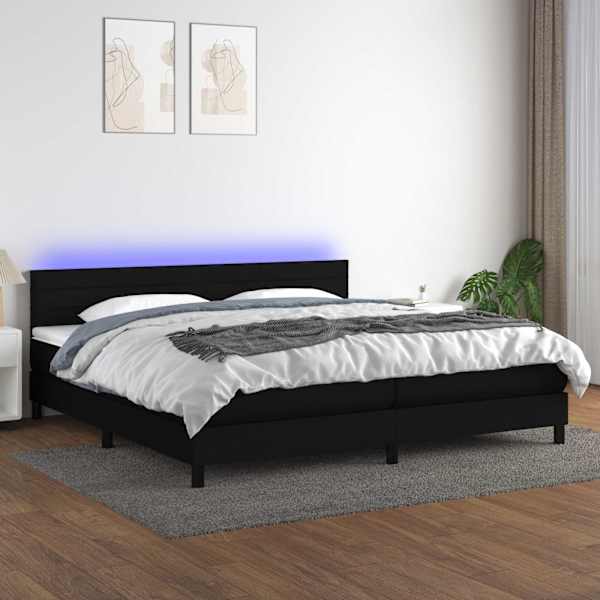 LED-valgustusega kontinentaalvoodi koos 2 madratsiga, must, 200 × 200 cm, kangas — mudel 3133263