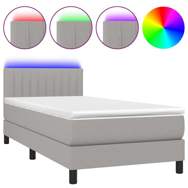 LED-valgustusega kontinentaalvoodi koos madratsiga, helehall, 90 × 190 cm, kangas — mudel 3133277