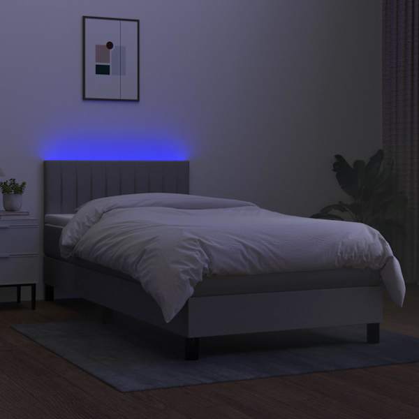 LED-valgustusega kontinentaalvoodi koos madratsiga, helehall, 90 × 190 cm, kangas — mudel 3133277