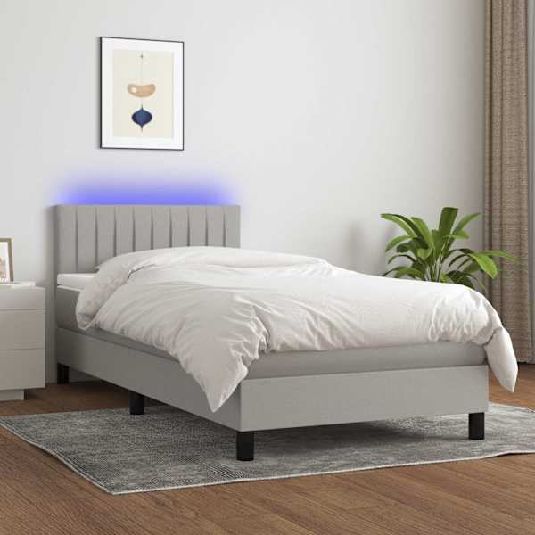 LED-valgustusega kontinentaalvoodi koos madratsiga, helehall, 90 × 190 cm, kangas — mudel 3133277