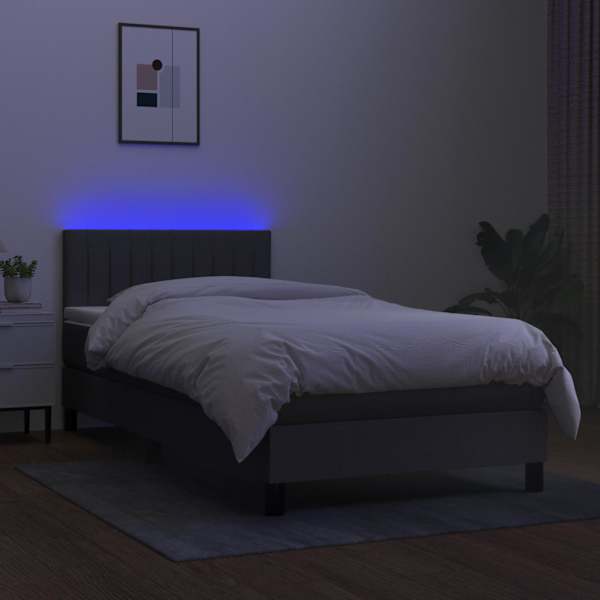 LED-valgustusega kontinentaalvoodi koos madratsiga, tumehall, 90 × 200 cm, kangas — mudel 3133286
