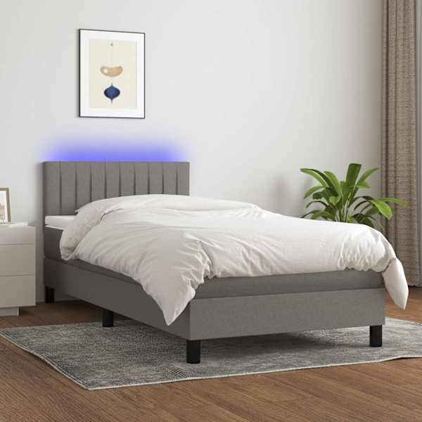 LED-valgustusega kontinentaalvoodi koos madratsiga, tumehall, 90 × 200 cm, kangas — mudel 3133286