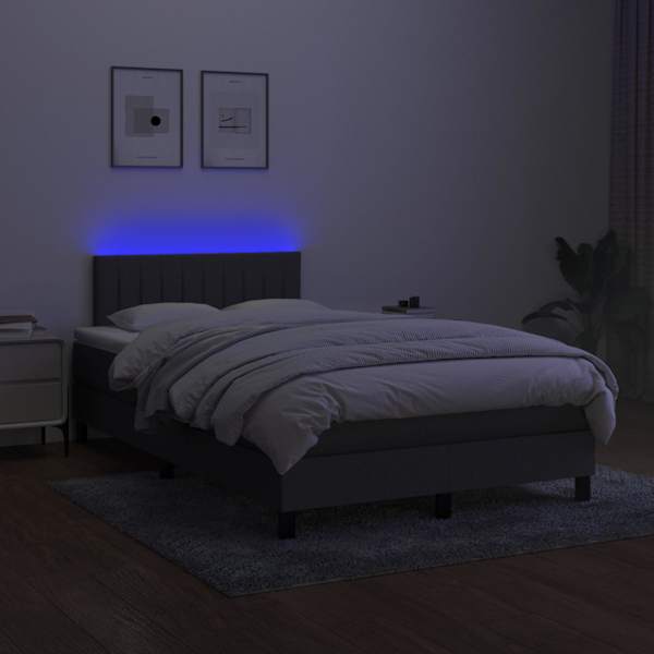 LED-valgustusega kontinentaalvoodi koos madratsiga, tumehall, 120 × 200 cm, kangas — mudel 3133302