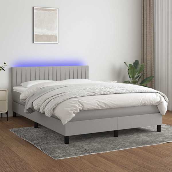 LED-valgustusega kontinentaalvoodi koos madratsiga, helehall, 140 × 190 cm, kangas — mudel 3133309