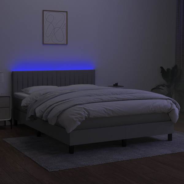 LED-valgustusega kontinentaalvoodi koos madratsiga, helehall, 140 × 200 cm, kangas — mudel 3133317