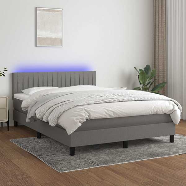 LED-valgustusega kontinentaalvoodi koos madratsiga, tumehall, 140 × 200 cm, kangas — mudel 3133318