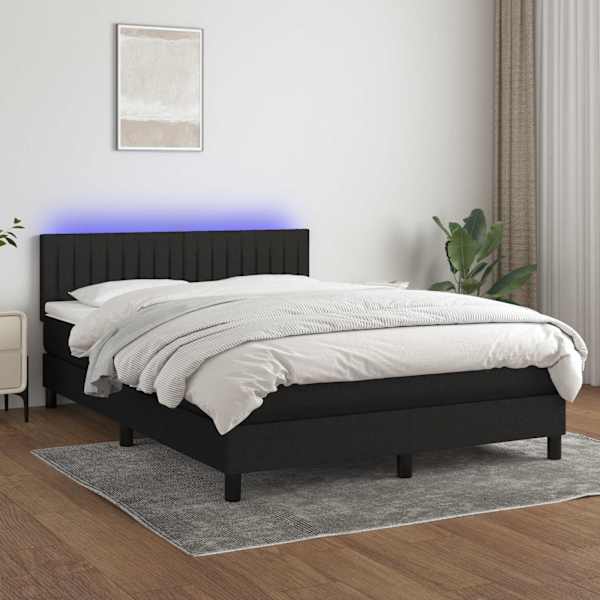 LED-valgustusega kontinentaalvoodi koos madratsiga, must, 140 × 200 cm, kangas — mudel 3133319