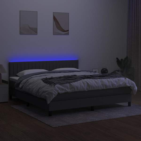 LED-valgustusega kontinentaalvoodi koos madratsiga, tumehall, 160 × 200 cm, kangas — mudel 3133326
