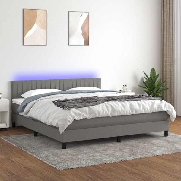 LED-valgustusega kontinentaalvoodi koos madratsiga, tumehall, 160 × 200 cm, kangas — mudel 3133326