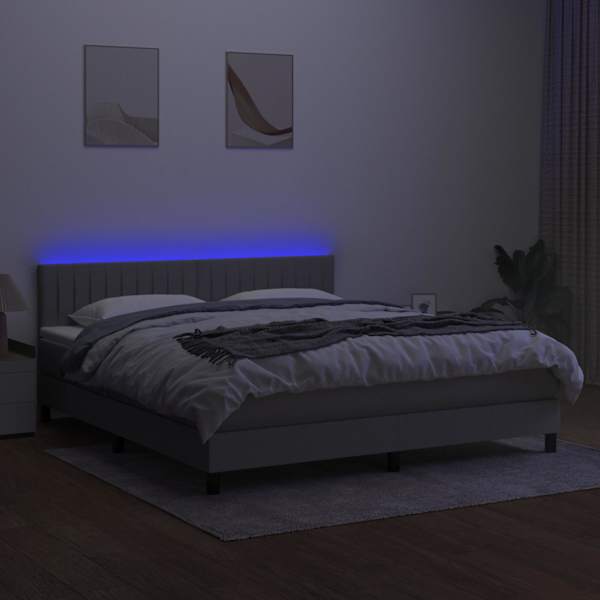 LED-valgustusega kontinentaalvoodi koos madratsiga, helehall, 180 × 200 cm, kangas — mudel 3133333