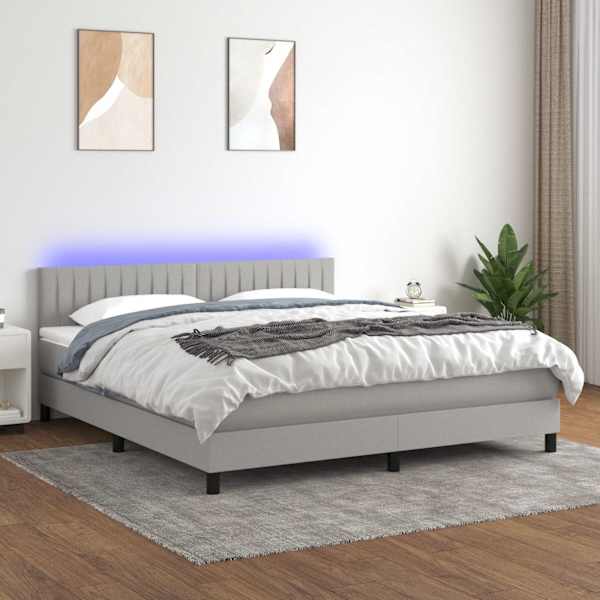 LED-valgustusega kontinentaalvoodi koos madratsiga, helehall, 180 × 200 cm, kangas — mudel 3133333