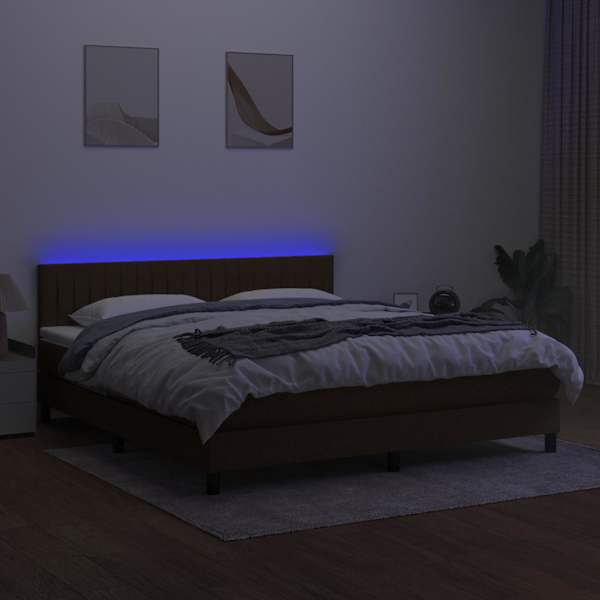 LED-valgustusega kontinentaalvoodi koos madratsiga, tumepruun, 180 × 200 cm, kangas — mudel 3133336