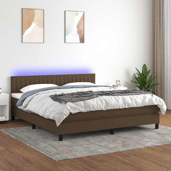 LED-valgustusega kontinentaalvoodi koos madratsiga, tumepruun, 180 × 200 cm, kangas — mudel 3133336