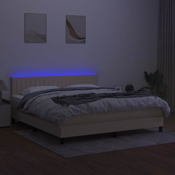 LED-valgustusega kontinentaalvoodi koos madratsiga, kreemjasvalge, 180 × 200 cm, kangas — mudel 3133338