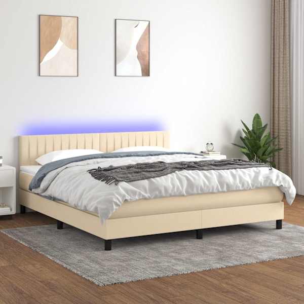 LED-valgustusega kontinentaalvoodi koos madratsiga, kreemjasvalge, 180 × 200 cm, kangas — mudel 3133338