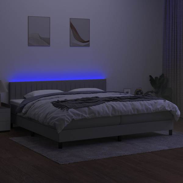 LED-valgustusega kontinentaalvoodi koos 2 madratsiga, helehall, 200 × 200 cm, kangas — mudel 3133341