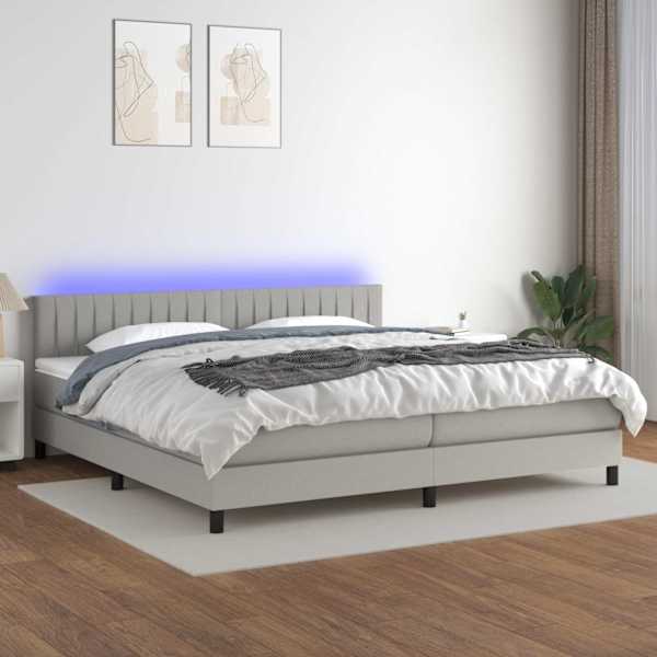 LED-valgustusega kontinentaalvoodi koos 2 madratsiga, helehall, 200 × 200 cm, kangas — mudel 3133341