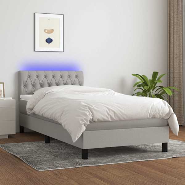 LED-valgustusega kontinentaalvoodi koos madratsiga, helehall, 90 × 190 cm, kangas — mudel 3133357
