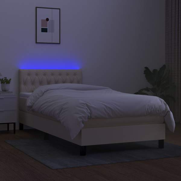 LED-valgustusega kontinentaalvoodi koos madratsiga, kreemjasvalge, 90 × 190 cm, kangas — mudel 3133362