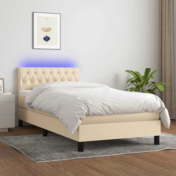 LED-valgustusega kontinentaalvoodi koos madratsiga, kreemjasvalge, 90 × 190 cm, kangas — mudel 3133362