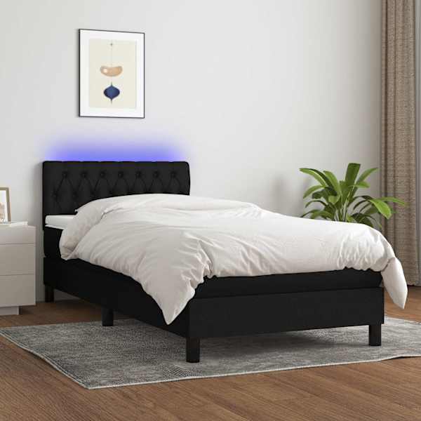 LED-valgustusega kontinentaalvoodi koos madratsiga, must, 90 × 200 cm, kangas — mudel 3133367