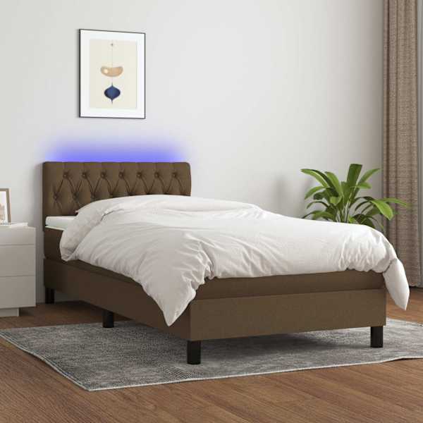 LED-valgustusega kontinentaalvoodi koos madratsiga, tumepruun, 90 × 200 cm, kangas — mudel 3133368